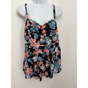 Torrid Top Babydoll Sleeveless Floral Rayon 90s Style Size 00/10 M Black Boho